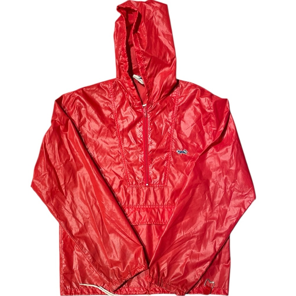 VINTAGE 80s FOX PULLOVER RED WINDBREAKER WITH HOODIE SMALL